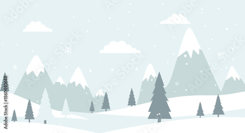 Serene winter landscape illustration with snowy mountains, pine trees, and falling snow for holiday backgrounds and seasonal nature themes.