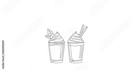 Minimalist line drawing of two cups of delicious desserts topped with whipped cream and garnishes for cafe menus and sweet treat illustrations.
