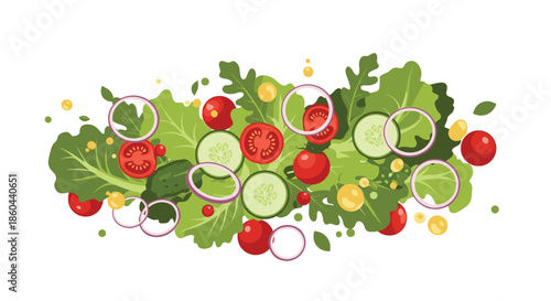 Dynamic illustration of fresh salad ingredients including lettuce, tomatoes, cucumbers, and onions tossed together for healthy eating concepts.