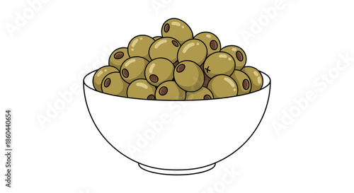 Simple vector illustration of a white ceramic bowl overflowing with ripe green olives for Mediterranean snack and kitchen decor themes.