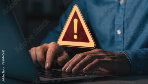 A man works on a laptop featuring a yellow triangle warning sign icon to alert users of high voltage electricity risks and dangerous power hazards