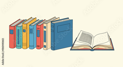 Set of vintage colorful hardcover books standing in a row with one open book showing text and white pages for study.