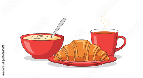 Breakfast illustration featuring a bowl of oatmeal, a fresh croissant, and a steaming cup of tea for morning routine and healthy eating blogs.