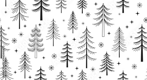 Seamless winter pattern with black and white hand drawn pine trees and delicate snowflakes for holiday wrapping paper and festive textiles.