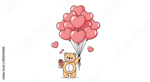Teddy bear holding a gift and a large bunch of heart-shaped balloons. Teddy bear holding a small gift box and bunch of heart balloons.