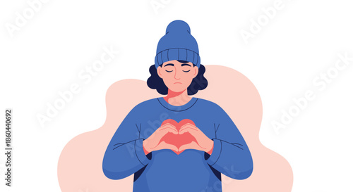 Young woman in a blue winter outfit making a heart gesture with her hands over her chest expressing love and self care.
