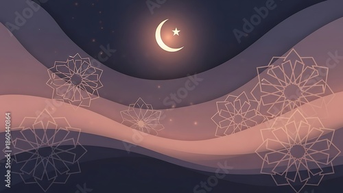 Beautiful Islamic Crescent Moon and Star with Mandala Patterns on Wavy Background.