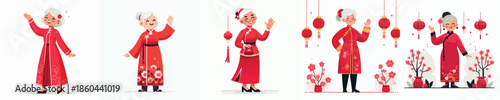 vector grandmother standing waving hand celebrating Chinese New Year