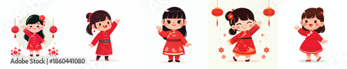 vector little girl standing waving hand celebrating Chinese New Year