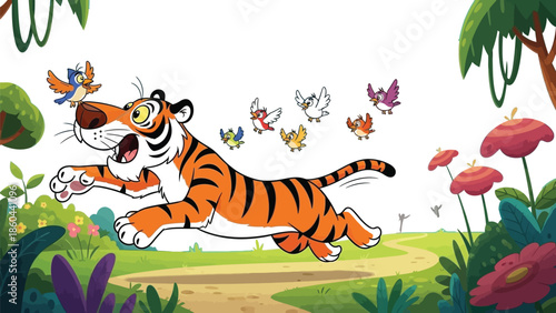 Joyful cartoon tiger bounding through a lush jungle landscape surrounded by friendly flying birds