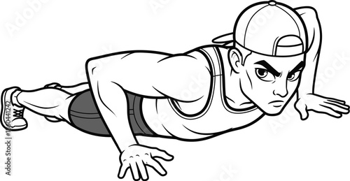 Intense young man in a cap performing a challenging low push up exercise in black and white style