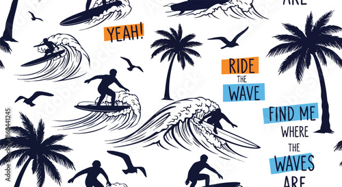 Action Silhouette Surfers Riding Giant Waves with Palm Trees and Seagulls Pattern.