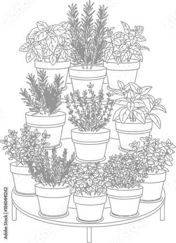 Coloring page featuring a beautiful tiered stand displaying various potted culinary herbs like basil rosemary and thyme