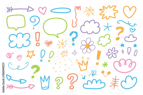 Colorful hand drawn doodles featuring arrows hearts speech bubbles and various whimsical shapes