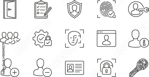 Professional user security and identity verification line icon set featuring biometrics, facial recognition, fingerprint scan, and secure data protection symbols.