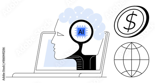 Artificial intelligence, technology innovation, global business, economic growth, digital economy, automation. Human head with AI chip, laptop dollar and globe icons. AI and technology innovation