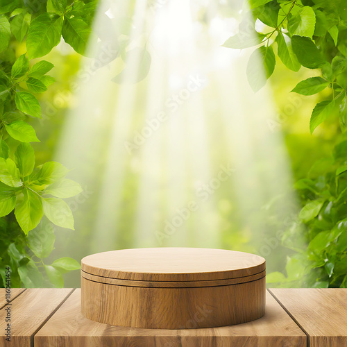 Round Wood Pedestal on Deck with Strong Sun Rays and Leafy Frame for Organic Product Presentation