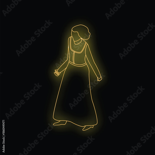 Neon outline of a woman in a historical costume standing with her hands outstretched