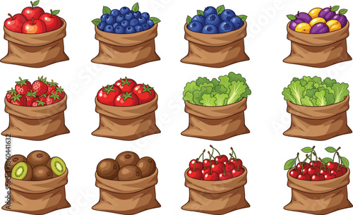 Large vector set of fresh organic fruits and vegetables in burlap sacks including apples blueberries strawberries tomatoes kiwi and cherries for market.