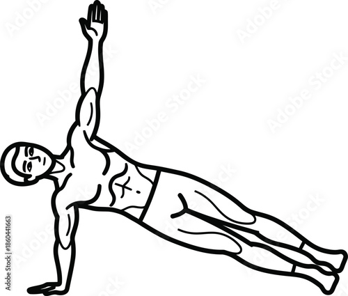 Athletic man performing a side plank variation with one arm raised to engage core and shoulder muscles for fitness