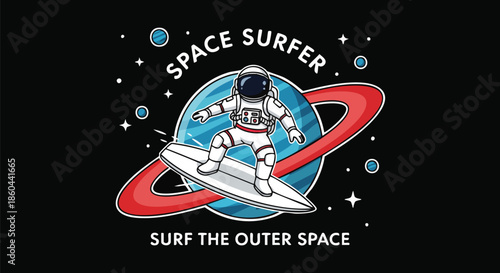 Astronaut Surfing on a Planet in Outer Space with Stars and Rings, Fun Sci-Fi Illustration.