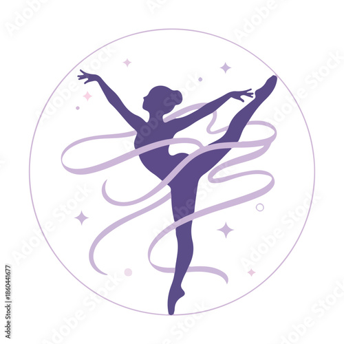 Elegant ballerina in a graceful pose within a circular lavender frame