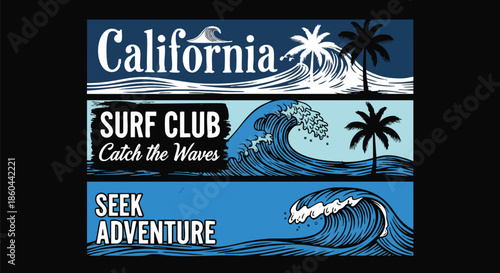 California Surf Club "Catch the Waves" and "Seek Adventure" Graphic Design with Palm Trees and Ocean Waves.