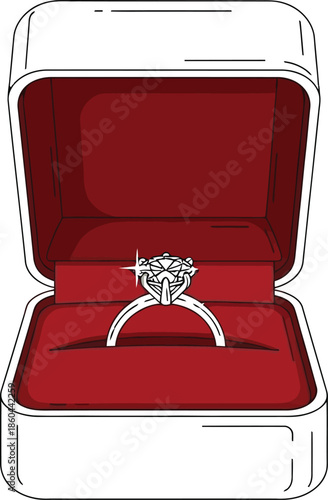 Stunning diamond engagement ring displayed inside an open white presentation box with rich red velvet lining
