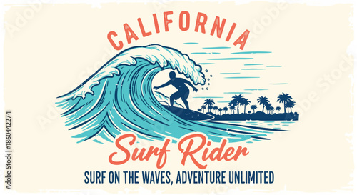 California Surf Rider Vintage Style Illustration with Palm Trees and Ocean Waves.