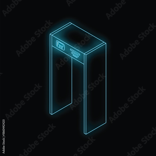 Isometric view of a glowing metal detector gate, ideal for security and access control concepts