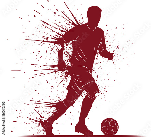 Red soccer player silhouette illustration, dynamic football action splash style, sport energy motion power training competition concept, modern athletic design