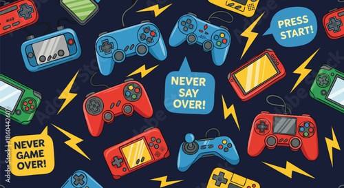 Colorful Retro Video Game Controllers and Handheld Consoles Seamless Pattern with Lightning Bolts.