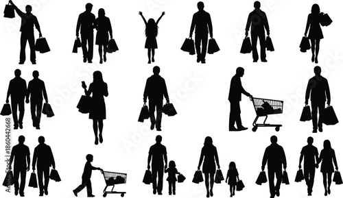 Shopping people silhouettes carrying bags and carts, consumer lifestyle concept showing retail activity, purchasing habits, urban shopping behavior
