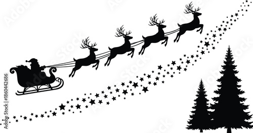Santa Claus flying with reindeer and sleigh over winter forest, magical Christmas night silhouette, festive holiday illustration design