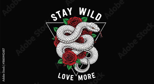 Cool Geometric Snake and Roses Design with 'Stay Wild Love More' Text.