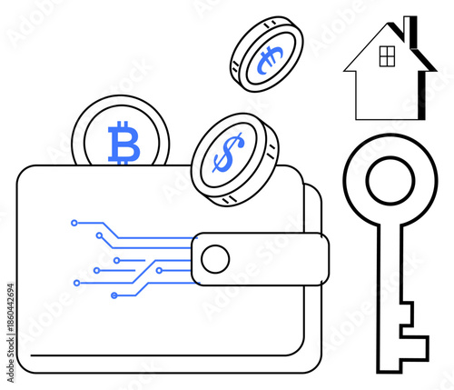 Cryptocurrency, fintech, real estate transactions, digital security, blockchain, e-wallets. A wallet with bitcoin and dollar coins, a key and a house icon. Cryptocurrency and fintech concepts