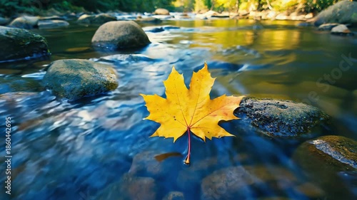 Single Yellow Maple Leaf on Calm Water in Autumn