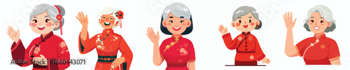 vector half body grandmother gesture waving hand celebrating Chinese New Year