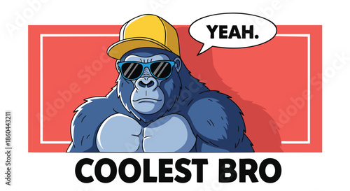 Cool Gorilla Wearing Sunglasses and Hat Saying Yeah, Funny Animal Character Design for Merchandise.