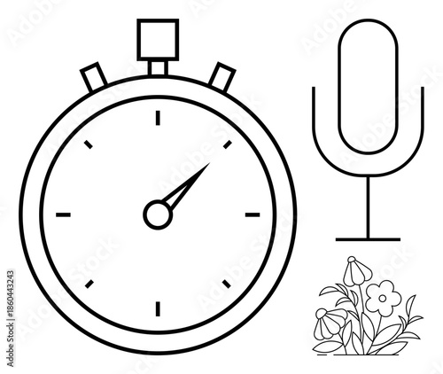 Time management, communication, podcasting, nature, creativity, minimalistic design. A stopwatch, microphone and floral elements in black line art style. Time management and communication concept
