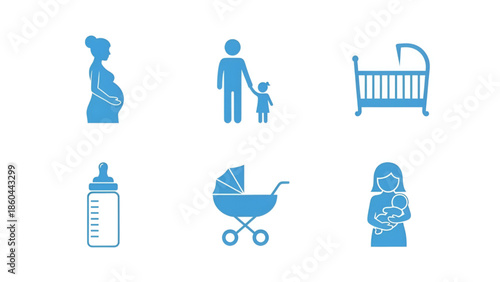 Pregnant Woman, Father with Child, Baby Crib and Baby Bottle, Baby Stroller, Breastfeeding Mother Icons