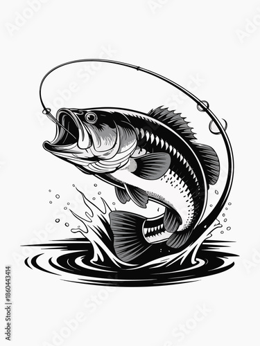 A dynamic black and white illustration depicts a largemouth bass leaping from the water with a fishing line