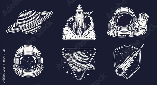 Cosmic Adventure Collection: Astronauts, Planets, Rockets, and Comets in Retro Outline Style.