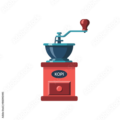 red manual coffee grinder with KOPI label.