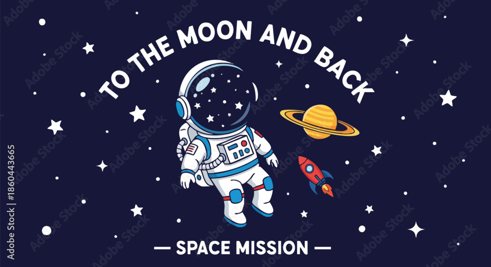 Naklejka premium Cute Astronaut Floating in Space with Rocket and Planet, 