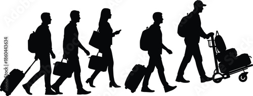 Travelers walking with luggage silhouettes showing journey, transportation, tourism, business travel, commuting lifestyle, movement, adventure, mobility concept