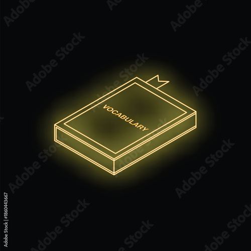 Neon yellow vocabulary textbook with bookmark glowing on black background, isometric view