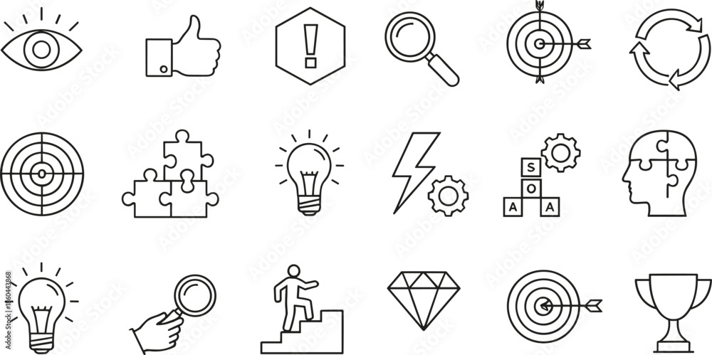 Fototapeta premium Complete set of self improvement and goal achievement line icons featuring target hits light bulbs puzzle pieces logical thinking and success trophies