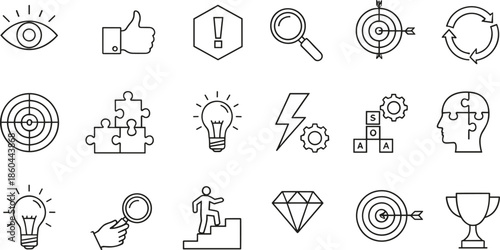 Complete set of self improvement and goal achievement line icons featuring target hits light bulbs puzzle pieces logical thinking and success trophies