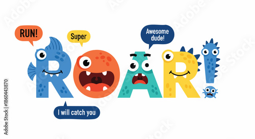 Cute Monster Letters Spell "ROAR!" with Playful Speech Bubbles for Kids' Designs.